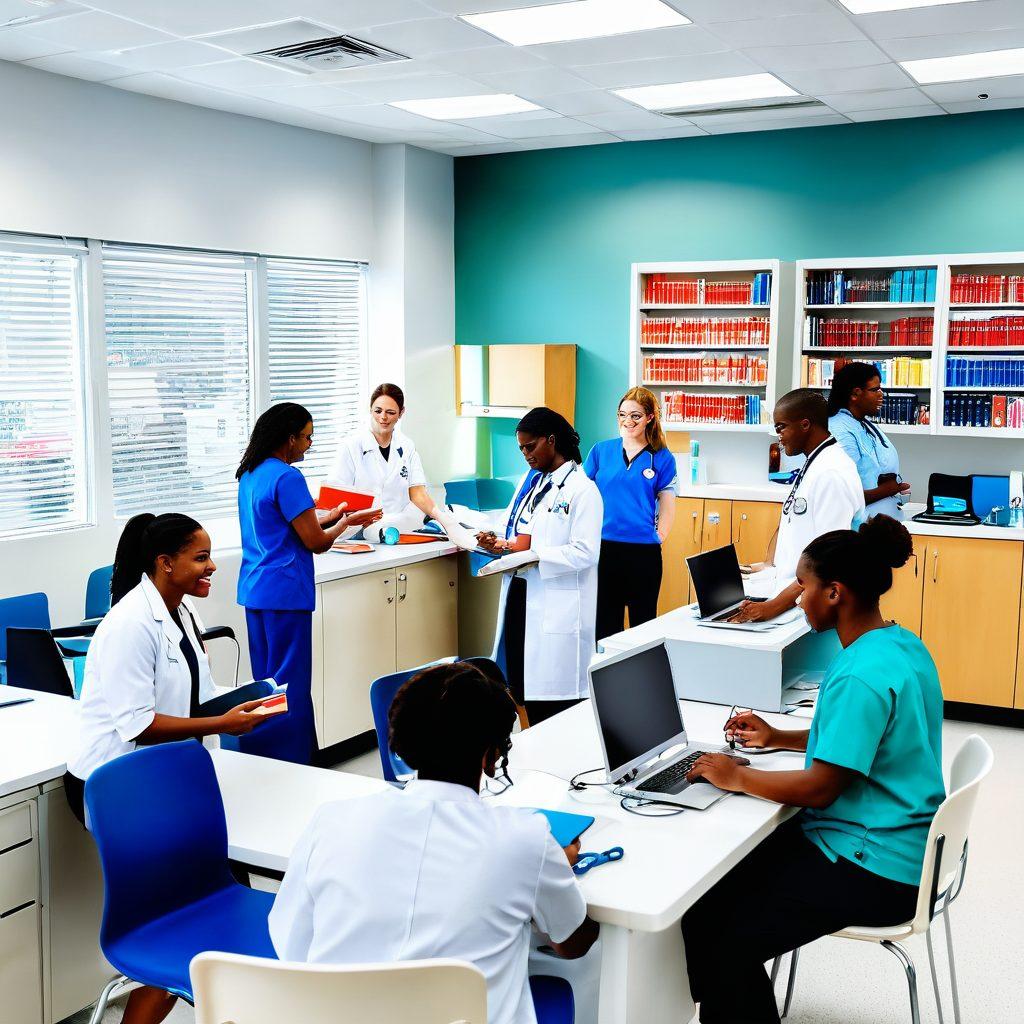 A vibrant and welcoming university health clinic bustling with activity, featuring students engaging with cheerful medical staff, state-of-the-art medical equipment, and educational materials. Seamless integration of health and academic life with elements like books, laptops, and medical charts harmoniously blended. super-realistic. vibrant colors. white background.