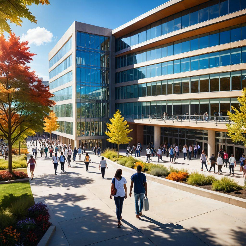 A dynamic university campus with diverse, happy students interacting with healthcare professionals, symbolizing exceptional academic and healthcare services. A vibrant mix of modern medical facilities and scholarly architecture under a bright sky. Super-realistic. Vibrant colors.